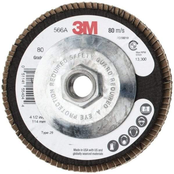 3M - 80 Grit, 4-1/2" Disc Diam, 5/8-11 Center Hole, Type 29 Zirconia Alumina Flap Disc - 13,300 Max RPM, Cloth Backing, Arbor Attaching System, Coated - Caliber Tooling