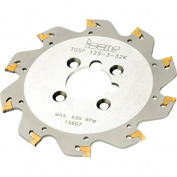 Iscar - Arbor Hole Connection, 3mm Cutting Width, 34mm Depth of Cut, 125mm Cutter Diam, 32mm Hole Diam, 10 Tooth Indexable Slotting Cutter - TGSF Toolholder, TAG Insert, Right Hand Cutting Direction - Caliber Tooling