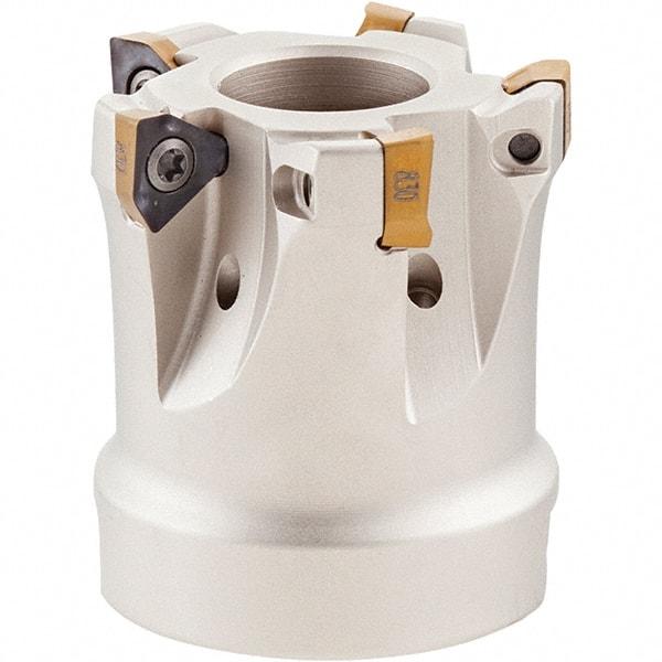 Iscar - 6 Inserts, 1-1/2" Cut Diam, 1/2" Arbor Diam, 0.2" Max Depth of Cut, Indexable Square-Shoulder Face Mill - 0° Lead Angle, 1-1/4" High, HM390 TCKT 0703PCTR Insert Compatibility, Through Coolant, Series HeliIQMill - Caliber Tooling