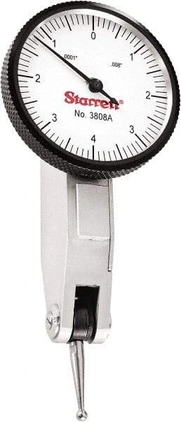 Starrett - 0.008 Inch Range, 0.0001 Inch Dial Graduation, Horizontal Dial Test Indicator - 1-1/4 Inch White Dial, 0-4-0 Dial Reading - Caliber Tooling