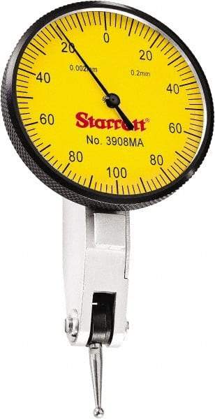 Starrett - 0.2 mm Range, 0.002 mm Dial Graduation, Horizontal Dial Test Indicator - 1-9/16 Inch Yellow Dial, 0-100-0 Dial Reading - Caliber Tooling