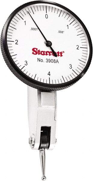 Starrett - 0.008 Inch Range, 0.0001 Inch Dial Graduation, Horizontal Dial Test Indicator - 1-9/16 Inch White Dial, 0-4-0 Dial Reading - Caliber Tooling