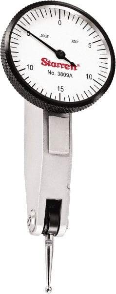 Starrett - 0.03 Inch Range, 0.0005 Inch Dial Graduation, Horizontal Dial Test Indicator - 1-9/16 Inch White Dial, 0-15-0 Dial Reading - Caliber Tooling