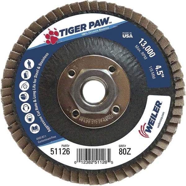 Weiler - 80 Grit, 4-1/2" Disc Diam, 5/8-11 Center Hole, Type 29 Zirconia Alumina Flap Disc - 13,000 Max RPM, Phenolic Backing, Arbor Attaching System, Coated - Caliber Tooling