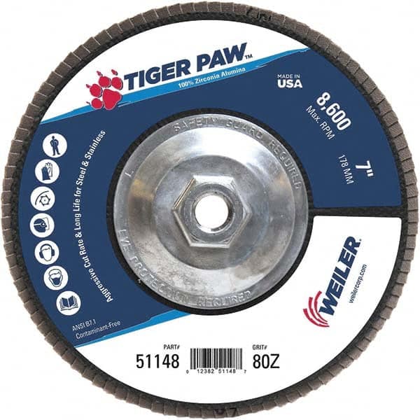 Weiler - 80 Grit, 7" Disc Diam, 5/8-11 Center Hole, Type 29 Zirconia Alumina Flap Disc - 8,600 Max RPM, Phenolic Backing, Arbor Attaching System, Coated - Caliber Tooling