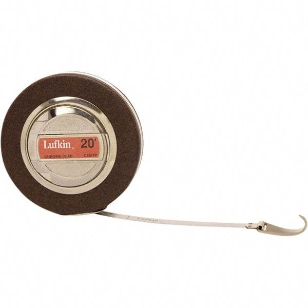 Lufkin - 20' x 3/8" Silver Steel Blade Tape Measure - 1/100" Graduation, Inch Graduation Style, Black Steel Case - Caliber Tooling