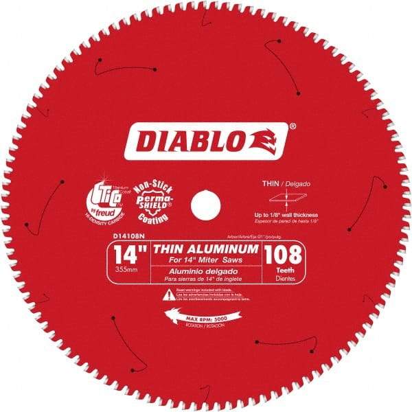 Freud - 14" Blade Diam, 108 Teeth, Carbide-Tipped Cold Saw Blade - 1" Arbor Hole Diam, 0.071" Blade Thickness - Caliber Tooling