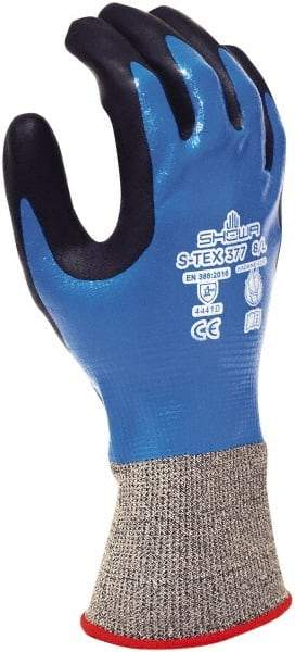 SHOWA - Size M (7), ANSI Cut Lvl A4, Abrasion Lvl 4, Foam Nitrile Coated Polyester/Nylon/Stainless Steel/Kevlar Cut Resistant Gloves - Fully Coated Coated, Knit Wrist, Black/Blue, Paired - Caliber Tooling