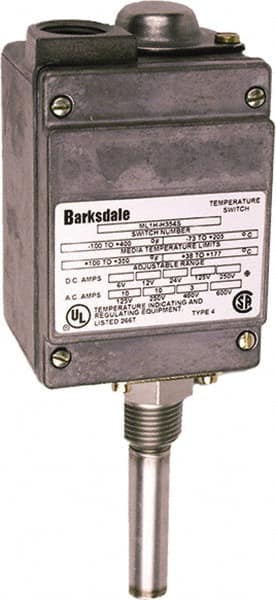 Barksdale - 100 to 350°F Local Mount Temperature Switch - 1/2" NPT, 13/16 x 3-1/8 Rigid Stem, 304 Stainless Steel, ±1% of mid-60% of F.S. - Caliber Tooling