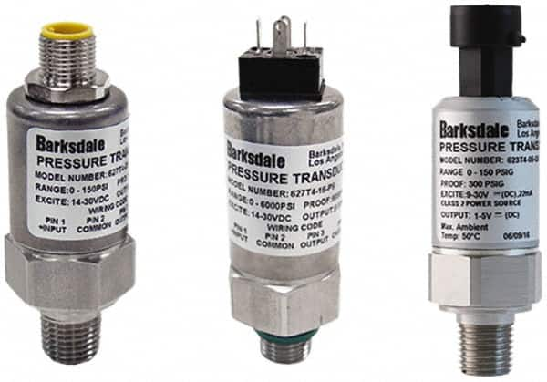 Barksdale - 75 Max psi, ±0.5% Accuracy, 1/4-18 NPT (Male) Connection Pressure Transducer - 0 to 10 VDC Output Signal, Shielded & Jacketed Cable - 1m Wetted Parts, 1/4" Thread, -40 to 185°F, 28 Volts - Caliber Tooling