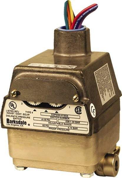 Barksdale - 0.5 to 80 psi Adjustable Range, 160 Max psi, Differential Pressure Switch - 1/8 NPT Female, 18in Free Leads, SPDT Contact, 300SS Wetted Parts, 0.5% Repeatability - Caliber Tooling