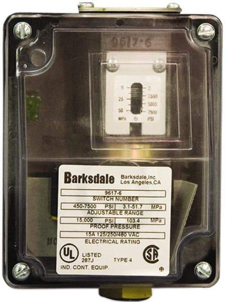 Barksdale - 295 to 5,000 psi Adjustable Range, 10,000 Max psi, Sealed Piston Pressure Switch - 1/4 NPT Female, Screw Terminals, SPDT Contact, Brass Wetted Parts, 2% Repeatability - Caliber Tooling