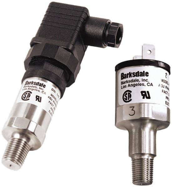 Barksdale - 5 to 50 psi Adjustable Range, 100 Max psi, Compact Pressure Switch - 1/4 NPT Male, DIN 43650, Without Plug, SPST/ NO Contact, SS Wetted Parts, 8% Repeatability - Caliber Tooling