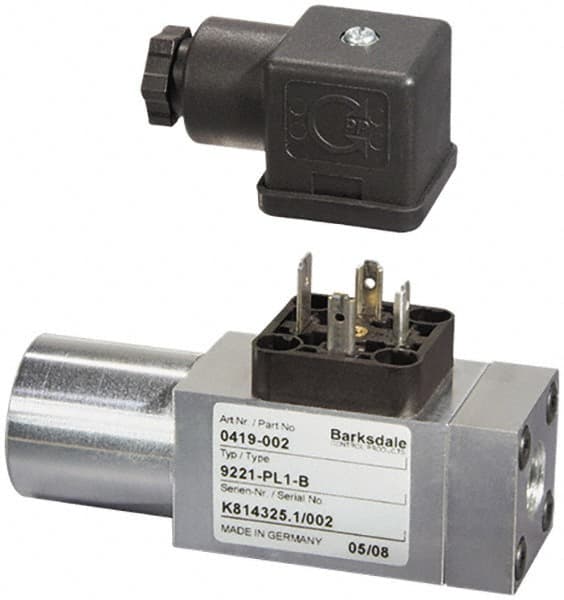 Barksdale - 510 to 5,800 psi Adjustable Range, 8,700 Max psi, Compact Pressure Switch - 7/16-20 UNF SAE, DIN 43650, Without Plug, SPDT Contact, SS Wetted Parts, 2% Repeatability - Caliber Tooling