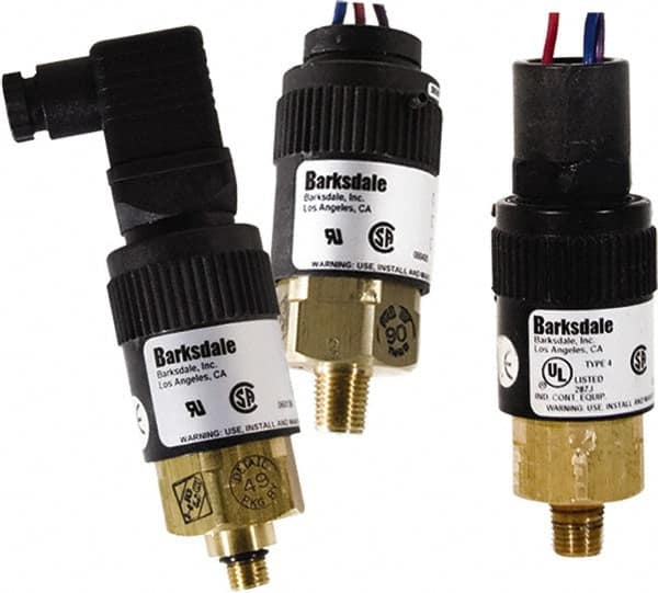 Barksdale - 70 to 250 psi Adjustable Range, 1,000 Max psi, Compact Pressure Switch - 1/4 NPT Male, 12in Free Leads, SPDT Contact, Brass Wetted Parts, 2% Repeatability - Caliber Tooling