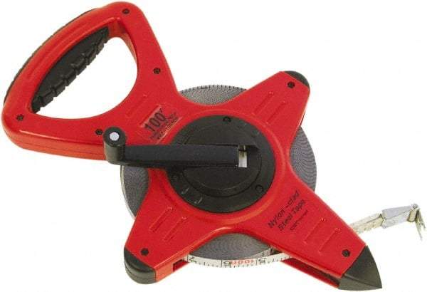 CST/berger - 100' x 1/2" White Fiberglass Blade Tape Measure - 1/10" Graduation, Red/Black Steel Case - Caliber Tooling