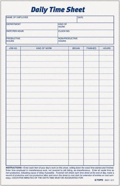 TOPS - 5-1/2" High x 8-1/2" Wide Daily Time & Job Sheets - Gray, White, Use with Manual Entries - Caliber Tooling