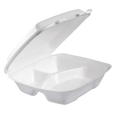 DART - Foam Hinged Lid Container, 3-Comp, 9 x 9 2/5 x 3, White, 100/Bag, 2 Bag/Carton - Caliber Tooling