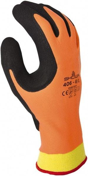 SHOWA - Size L (8) Rubber Coated Rubber Cold Protection Work Gloves - For Winter Transportation, Field Work, Cold Storage, Fully Coated, Gauntlet Cuff, Full Fingered, Orange, Paired - Caliber Tooling