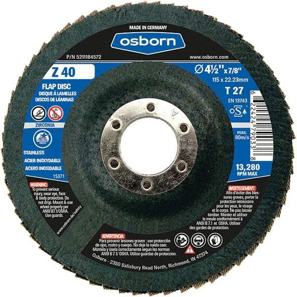 Osborn - 40 Grit, 4-1/2" Disc Diam, 7/8" Center Hole, Type 27 Zirconia Alumina Flap Disc - 13,280 Max RPM, Fiberglass Backing, Arbor Attaching System, Coated - Caliber Tooling