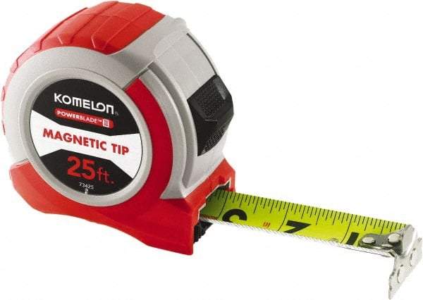 Komelon - 25' x 1-1/16" Yellow Steel Blade Tape Measure - 1/4, 1/8 & 1/16" Graduation, Red ABS Plastic Case - Caliber Tooling