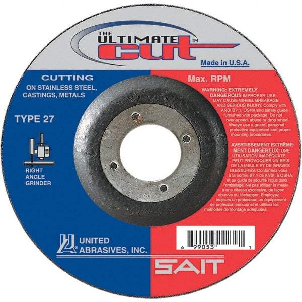 Sait - 4-1/2" Wheel Diam, 7/8" Arbor Hole, Type 27 Depressed Center Wheel - Coarse Grade, Ceramic, 13,300 Max RPM - Caliber Tooling