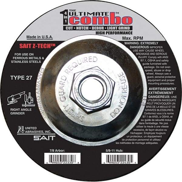 Sait - 6" Wheel Diam, Type 27 Depressed Center Wheel - Coarse Grade, Zirconia Alumina, 10,200 Max RPM - Caliber Tooling