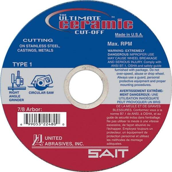 Sait - 5" 60 Grit Ceramic Cutoff Wheel - 0.045" Thick, 7/8" Arbor, 12,200 Max RPM, Use with Angle Grinders - Caliber Tooling