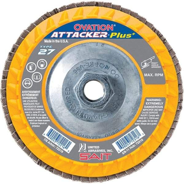 Sait - 60 Grit, 4-1/2" Disc Diam, 5/8-11 Center Hole, Type 27 Zirconia Alumina Flap Disc - 13,300 Max RPM, Plastic Backing, Arbor Attaching System, Coated - Caliber Tooling