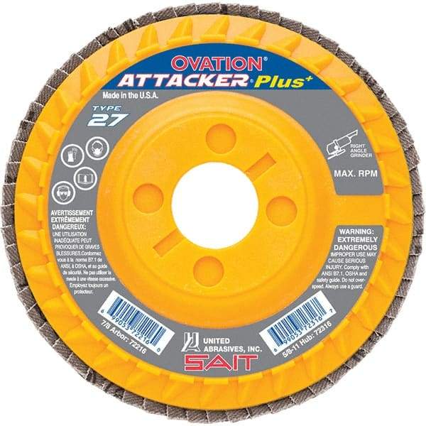 Sait - 36 Grit, 4-1/2" Disc Diam, 7/8" Center Hole, Type 27 Zirconia Alumina Flap Disc - 13,300 Max RPM, Plastic Backing, Arbor Attaching System, Coated - Caliber Tooling