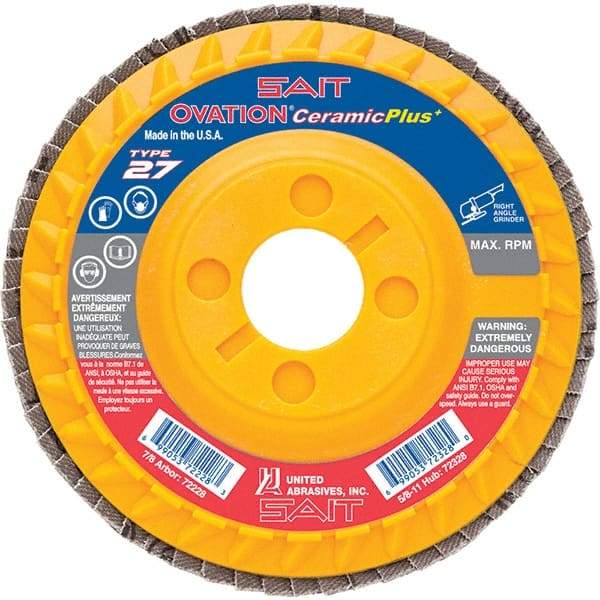 Sait - 40 Grit, 4-1/2" Disc Diam, 7/8" Center Hole, Type 27 Ceramic Flap Disc - 13,300 Max RPM, Plastic Backing, Arbor Attaching System, Coated - Caliber Tooling