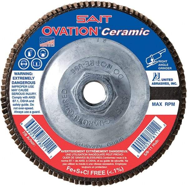 Sait - 40 Grit, 4-1/2" Disc Diam, 5/8-11 Center Hole, Type 27 Ceramic Flap Disc - 13,300 Max RPM, Plastic Backing, Arbor Attaching System, Coated - Caliber Tooling