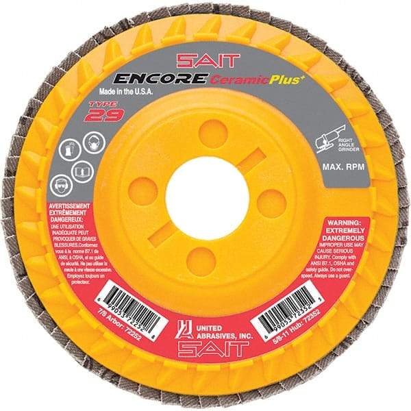 Sait - 60 Grit, 4-1/2" Disc Diam, 7/8" Center Hole, Type 29 Ceramic Flap Disc - 13,300 Max RPM, Plastic Backing, Arbor Attaching System, Coated - Caliber Tooling