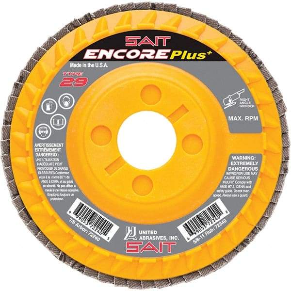 Sait - 40 Grit, 4-1/2" Disc Diam, 7/8" Center Hole, Type 29 Zirconia Alumina Flap Disc - 13,300 Max RPM, Plastic Backing, Arbor Attaching System, Coated - Caliber Tooling