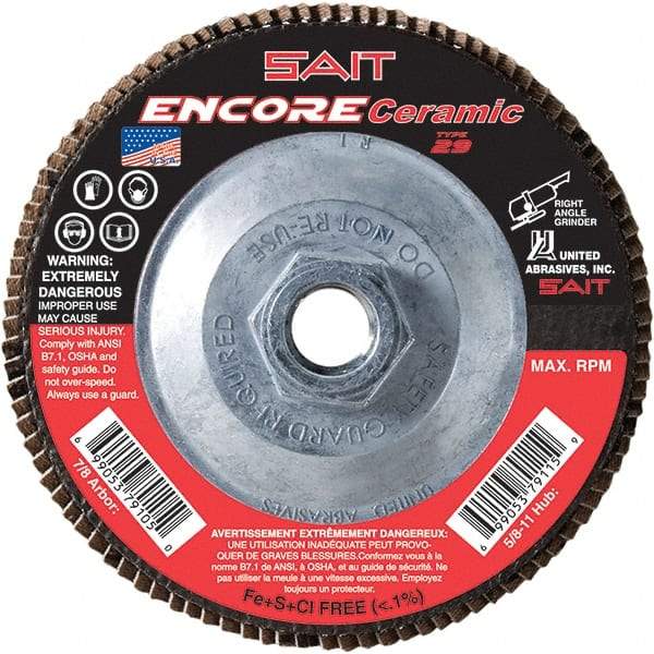 Sait - 40 Grit, 4-1/2" Disc Diam, 5/8-11 Center Hole, Type 29 Ceramic Flap Disc - 13,300 Max RPM, Plastic Backing, Arbor Attaching System, Coated - Caliber Tooling