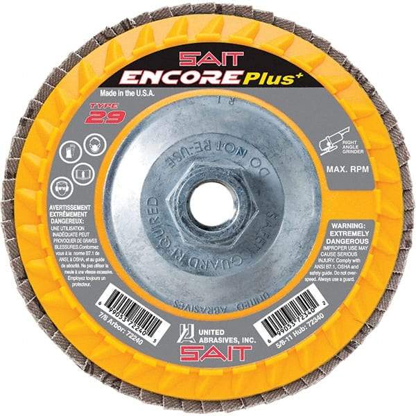 Sait - 36 Grit, 4-1/2" Disc Diam, 5/8-11 Center Hole, Type 29 Zirconia Alumina Flap Disc - 13,300 Max RPM, Plastic Backing, Arbor Attaching System, Coated - Caliber Tooling