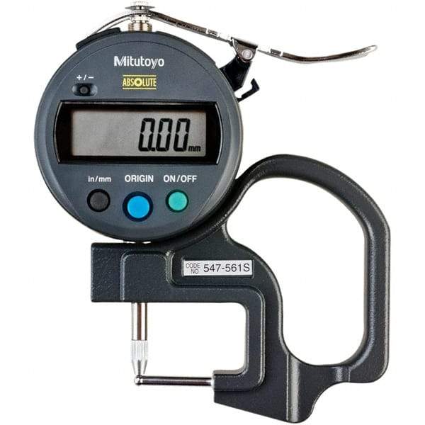 Mitutoyo - 0mm to 12mm Measurement, 0.01mm Resolution Electronic Thickness Gage - Accurate up to 0.001", 1.5 N Measuring Force - Caliber Tooling