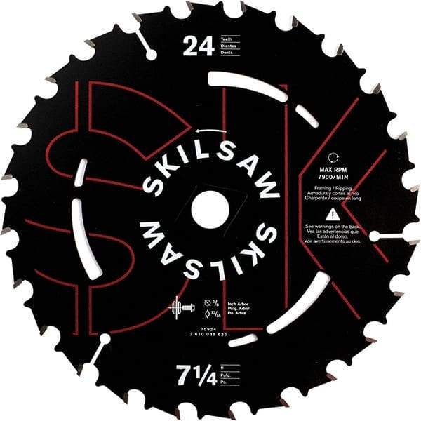 Skilsaw - 7-1/4" Diam, 5/8" Arbor Hole Diam, 24 Tooth Wet & Dry Cut Saw Blade - Carbide-Tipped, Cutoff Action, Diamond Arbor - Caliber Tooling