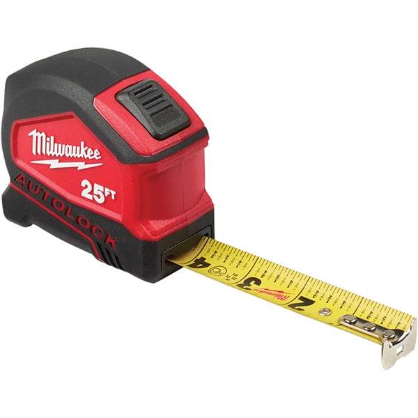 Milwaukee Tool - 25' x 1" Yellow Steel Blade Tape Measure - 1/16" & 1/10' Graduation, Inch Graduation Style, Red/Black Plastic Case - Caliber Tooling