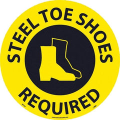 NMC - Steel Toe Shoes Required, Anti-Skid Pressure-Sensitive Vinyl Floor Sign - Round, Black on Yellow, Adhesive Backed, For Restroom, Janitorial & Housekeeping - Caliber Tooling