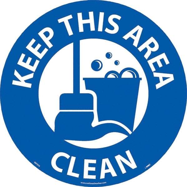 NMC - Keep This Area Clean, Anti-Skid Pressure-Sensitive Vinyl Floor Sign - Round, White on Blue, Adhesive Backed, For Restroom, Janitorial & Housekeeping - Caliber Tooling