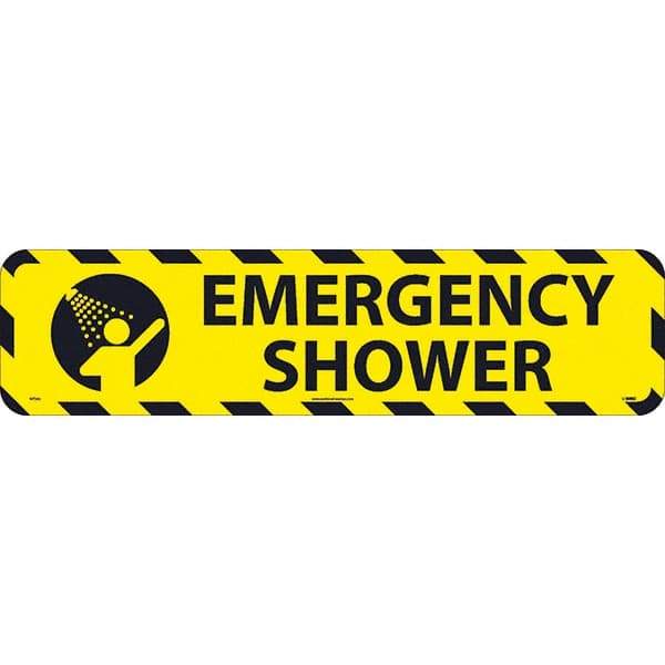 NMC - Emergency Shower, Anti-Skid Pressure-Sensitive Vinyl Floor Sign - Rectangle, Black on Yellow, Adhesive Backed, For Restroom, Janitorial & Housekeeping - Caliber Tooling