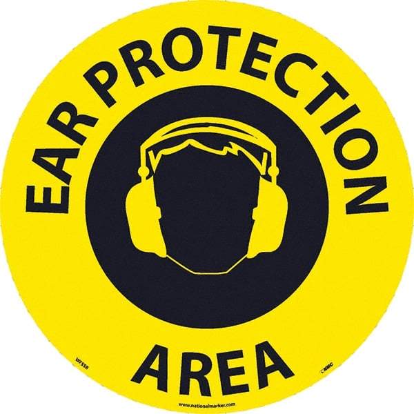 NMC - Ear Protection Area, Anti-Skid Pressure-Sensitive Vinyl Floor Sign - Round, Black on Yellow, Adhesive Backed, For Restroom, Janitorial & Housekeeping - Caliber Tooling