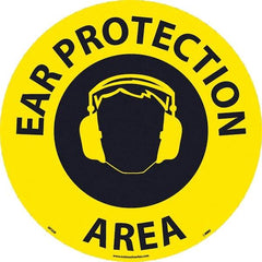 NMC - Ear Protection Area, Anti-Skid Pressure-Sensitive Vinyl Floor Sign - Round, Black on Yellow, Adhesive Backed, For Restroom, Janitorial & Housekeeping - Caliber Tooling