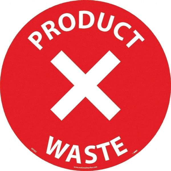 NMC - Product Waste, Anti-Skid Pressure-Sensitive Vinyl Floor Sign - Round, White on Red, Adhesive Backed, For Restroom, Janitorial & Housekeeping - Caliber Tooling