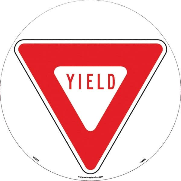 NMC - Yield, Anti-Skid Pressure-Sensitive Vinyl Floor Sign - Round, Red on White, Adhesive Backed, For Restroom, Janitorial & Housekeeping - Caliber Tooling