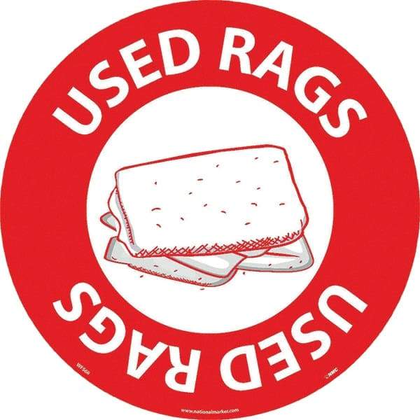 NMC - Used Rags, Anti-Skid Pressure-Sensitive Vinyl Floor Sign - Round, White on Red, Adhesive Backed, For Restroom, Janitorial & Housekeeping - Caliber Tooling