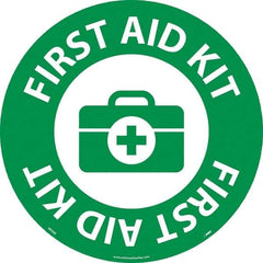 NMC - First Aid Kit, Anti-Skid Pressure-Sensitive Vinyl Floor Sign - Round, White on Green, Adhesive Backed, For Restroom, Janitorial & Housekeeping - Caliber Tooling