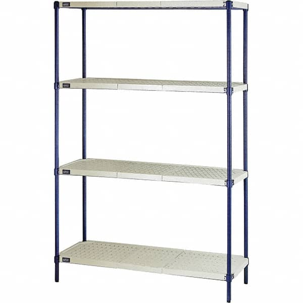 Quantum Storage - 72" High x 18" Wide x 48" Deep, 4 Shelf Ventilated Structural Open Plastic Shelving with Legs - Blue/White, 600 Lb Capacity - Caliber Tooling