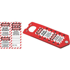 NMC - Single Jaw, 1 to 2" Jaw Diam, 10 PadLocks, Aluminum Lockout Hasp - Scissor Action, 3" Long x 7-1/2" Wide, Red - Caliber Tooling